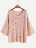 Romwe Pink V Neck Drop Shoulder Open Knit Sweater