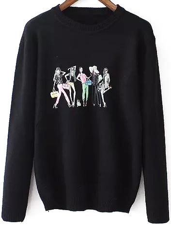 Romwe Round Neck Cartton Print Black Sweater