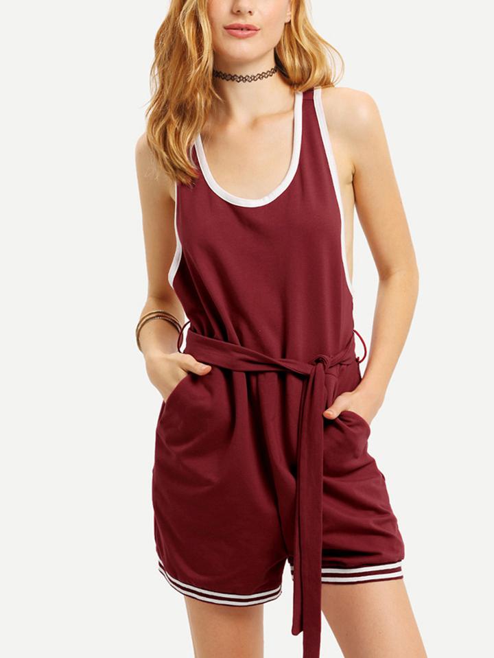 Romwe Burgundy Sleeveless Pockets Waistband Jumpsuit