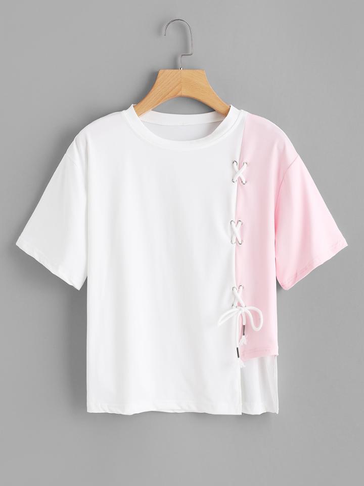 Romwe Contrast Panel Color Block Lace Up Tee