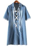 Romwe Blue Short Sleeve Lace Up Front Lapel Denim Dress