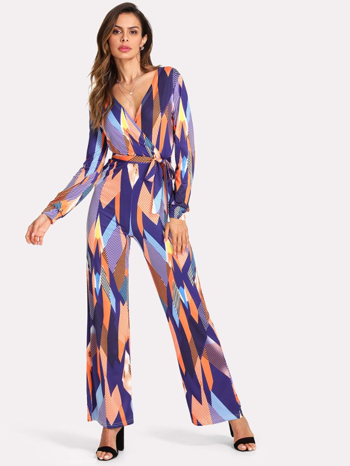 Romwe Geo Print Belted Wrap Jumpsuit