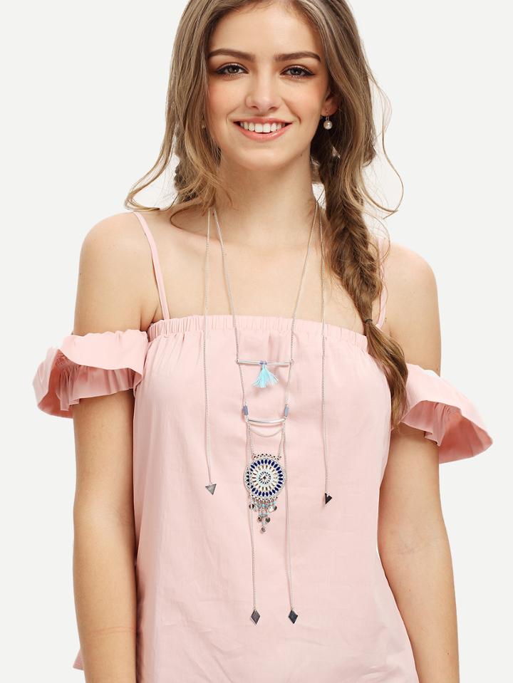 Romwe Multi-layer Geometric Shaped Tassel Pendant Necklace