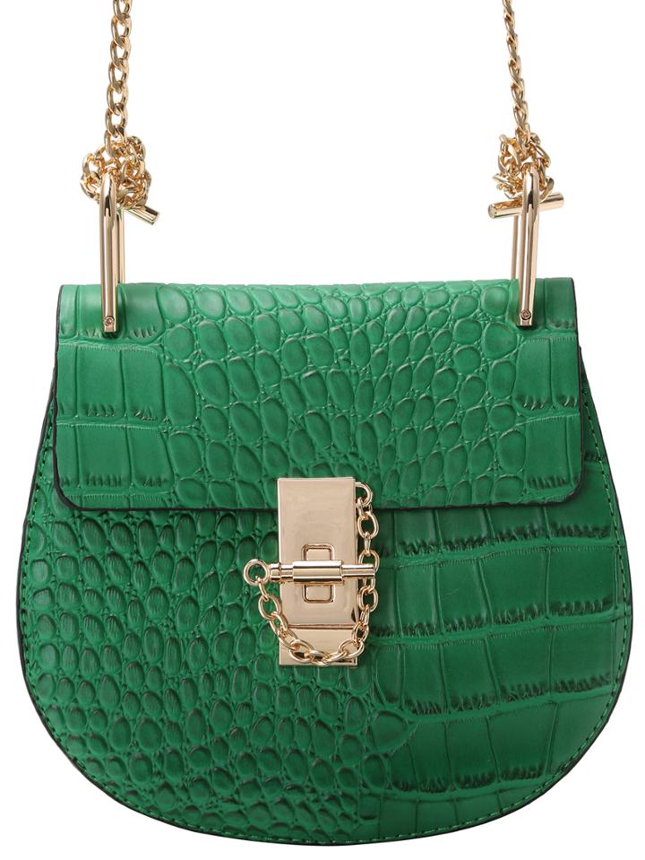Romwe Green Crocodile Embrossed Chain Saddle Bag