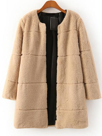 Romwe Long Sleeve Faux Fur Apricot Coat