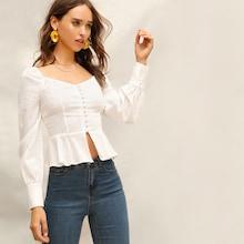 Romwe Sweetheart Neck Single Breasted Ruffle Hem Blouse