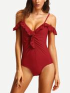 Romwe Ruffled Cold Shoulder Shirred One-piece Swimwear