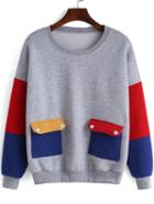 Romwe Colour-block Round Neck Pockets Sweatshirt