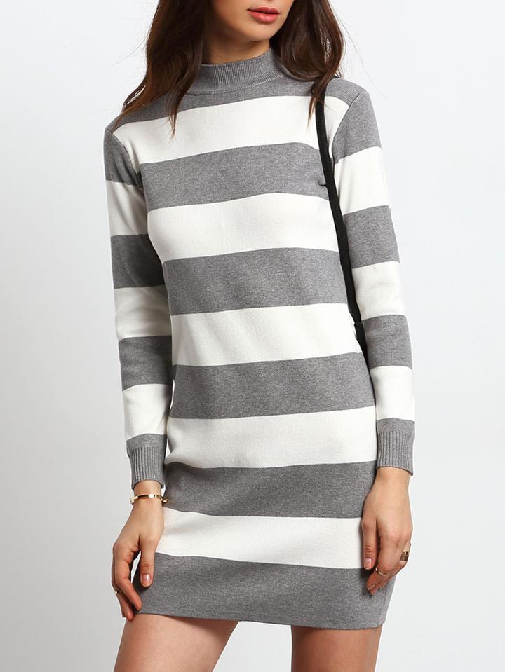 Romwe High Neck Striped Sweater Dress