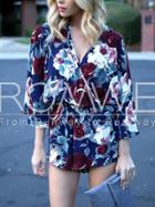 Romwe Navy Deep V Neck Floral Playsuit