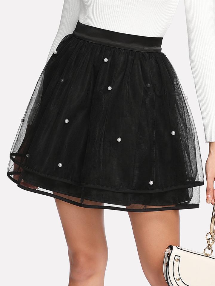 Romwe Pearl Beading Mesh Overlay Circle Skirt