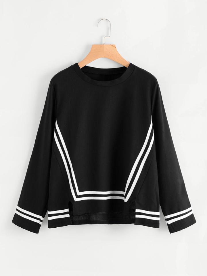 Romwe Contrast Stripe Panel Slit Hem Blouse