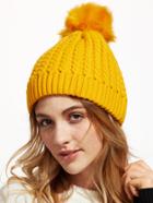 Romwe Yellow Ribbed Pom Pom Knit Hat