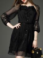 Romwe Black Tie Neck Contrast Gauze Drawstring Lace Dress