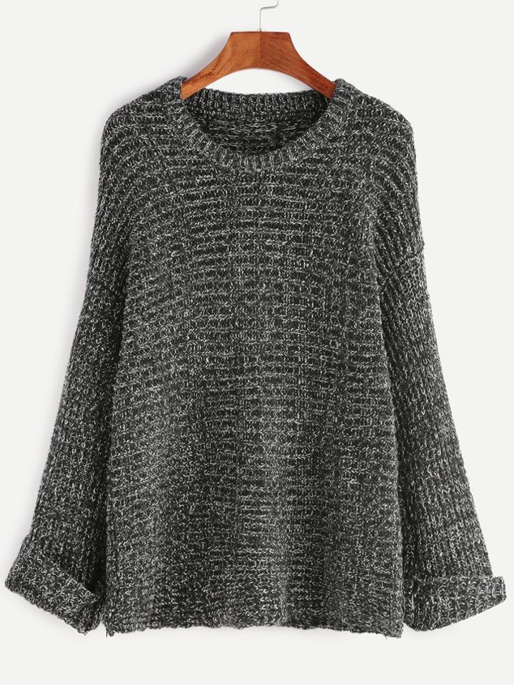 Romwe Black Dropped Shoulder Seam Cuffed Slub Sweater