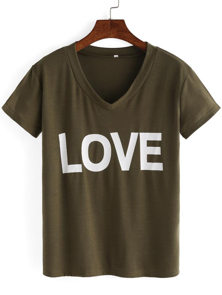 Romwe Love Print Round V Neck Army Green T-shirt