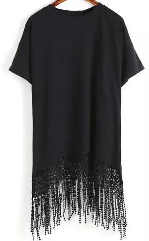 Romwe Short Sleeve With Tassel Black Dress