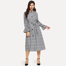 Romwe Shirred Panel Ruffle Cuff Self Belted Plaid Coat