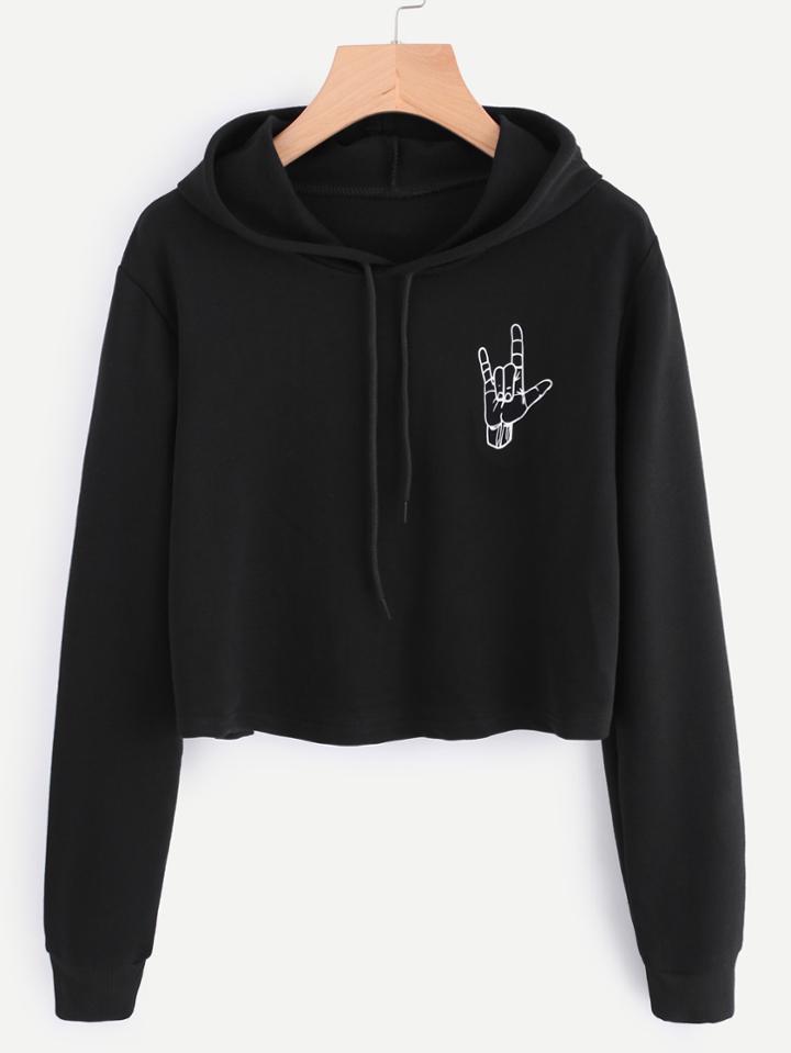 Romwe Hand Print Hooded Crop Sweatshirt