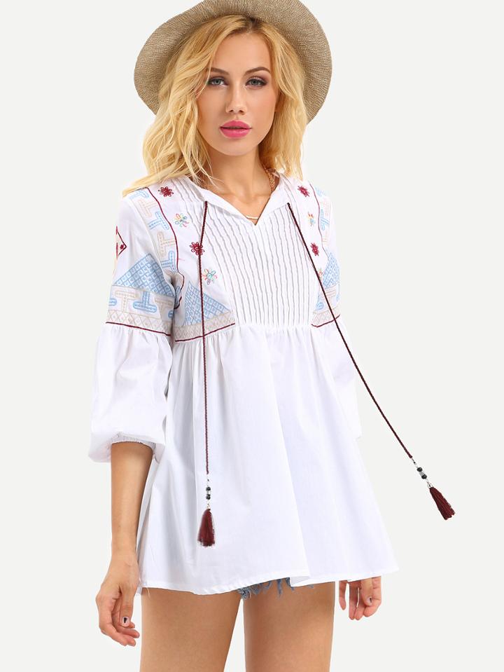 Romwe Tassel Tie-neck Lantern Sleeve Embroidered Blouse - White