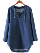 Romwe Blue Long Sleeve Lace Up Front Denim Dress