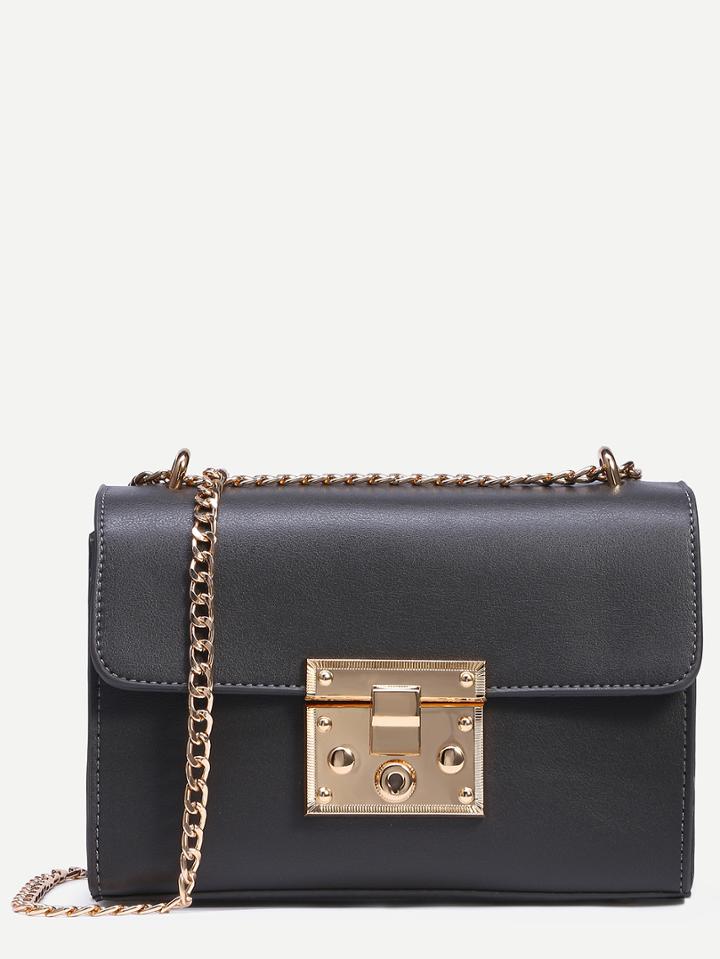 Romwe Black Push Lock Structured Chain Bag