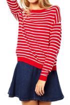 Romwe Striped Star Knitted Red Jumper