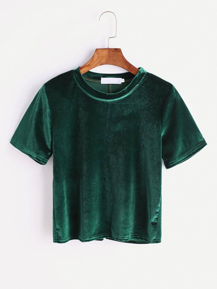 Romwe Green Split Back Velvet T-shirt