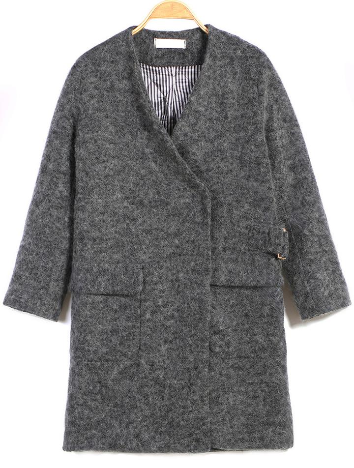 Romwe V Neck Pockets Woolen Coat