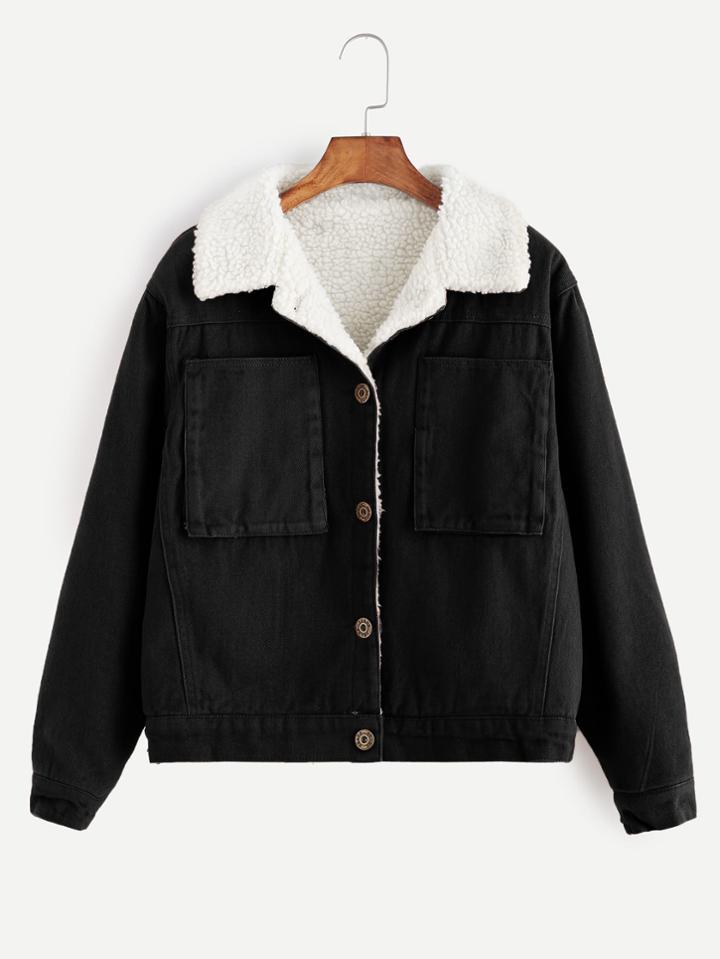 Romwe Contrast Sherpa Lined Jacket