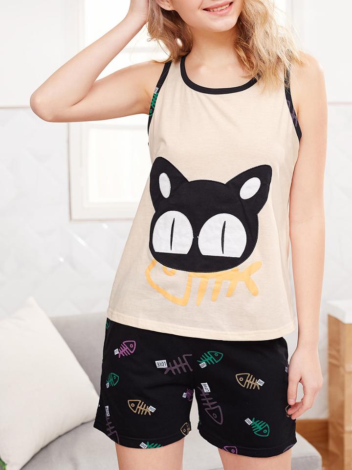 Romwe Cat Print Tank Top & Shorts