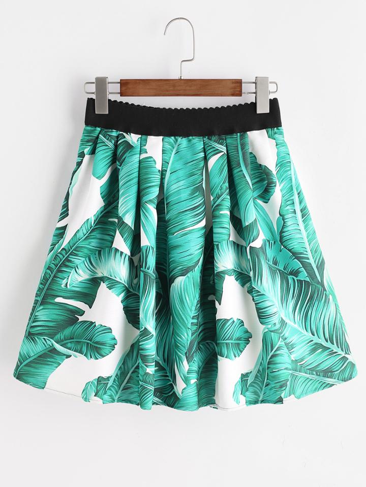 Romwe Green Leaf Print Elastic Waist Skirt