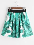 Romwe Green Leaf Print Elastic Waist Skirt