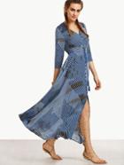 Romwe Blue Print Crochet Insert Drawstring Button Front Dress