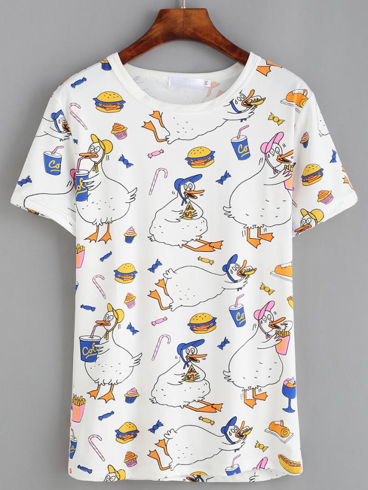 Romwe White Cartoon Duck Print T-shirt