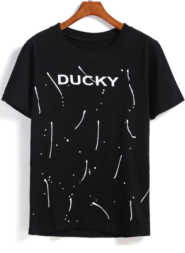 Romwe Black Short Sleeve Ducky Print T-shirt