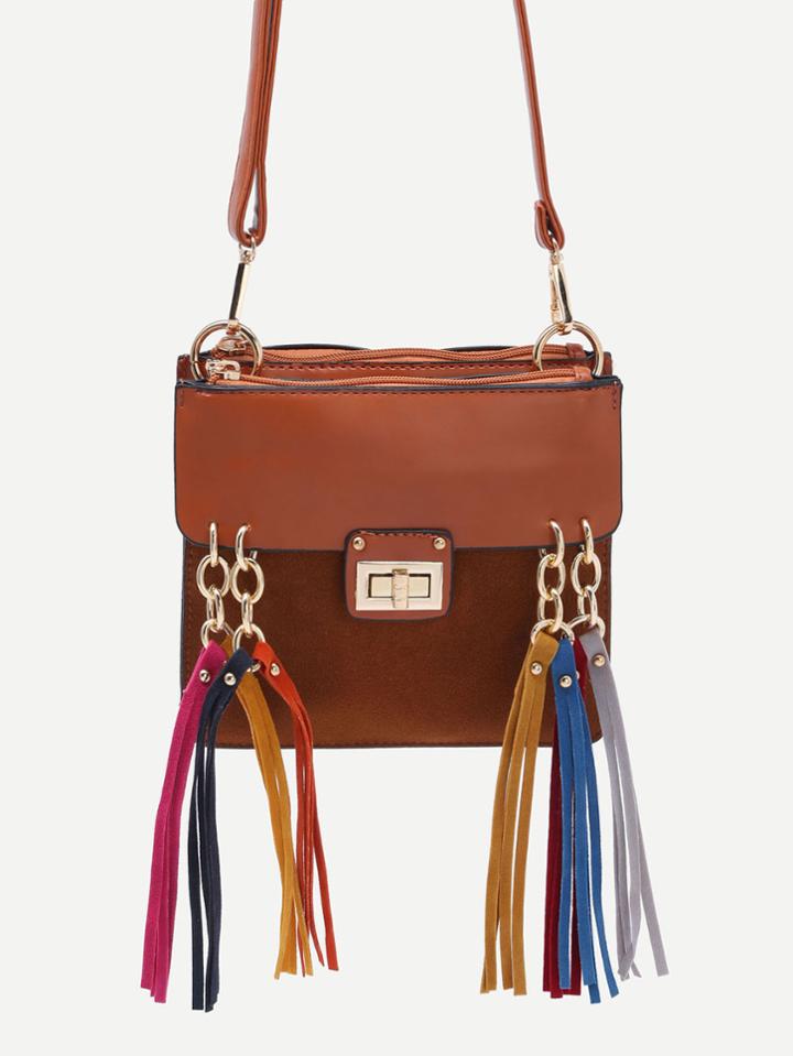 Romwe Dark Brown Ring Accent Fringe Trim Shoulder Bag