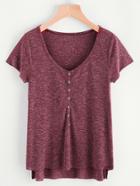 Romwe Marled Knit Button Front Staggered Hem T-shirt