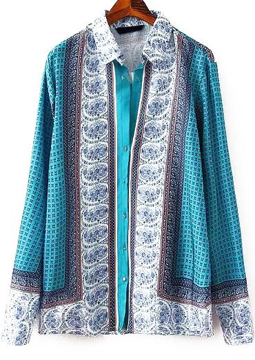 Romwe Lapel Long Sleeve Tribal Print Green Blouse