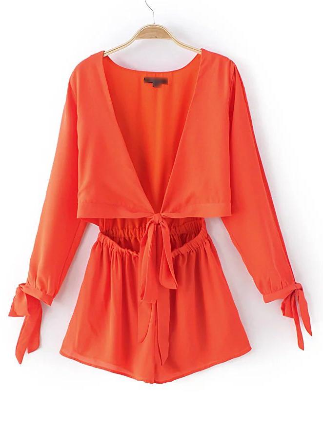 Romwe Orange Plunge V Neck Bow Tie Cuff Elastic Waist Jumpsuit
