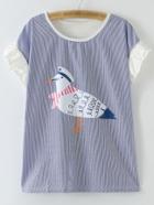Romwe Multicolor Ruffle Bell Sleeve Pigeon Print Stripe Blouse