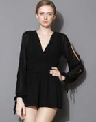 Romwe V Neck Split Sleeve Chiffon Black Jumpsuit