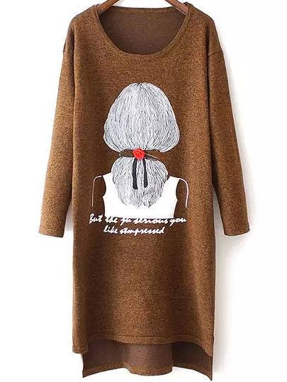 Romwe Cartoon Print High Low Khaki Sweater Dress