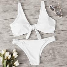Romwe Knot Front Top With Criss Cross Bikini