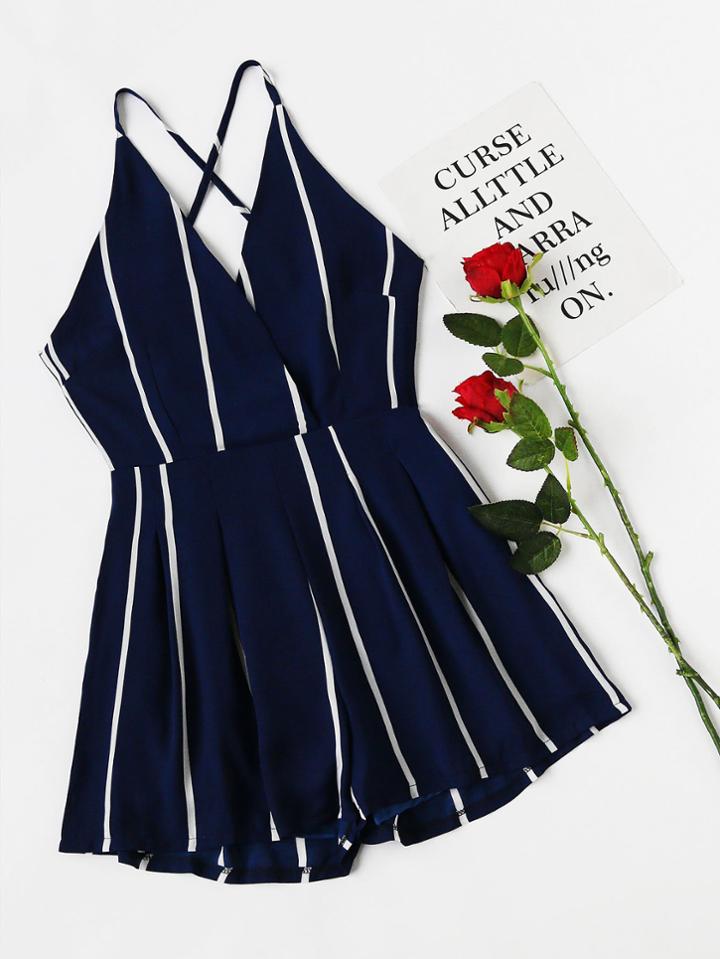 Romwe Stripe Surplice Front Criss Cross Back Romper