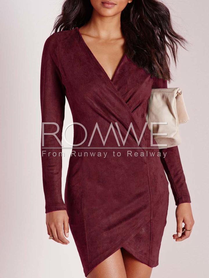 Romwe Burgundy Long Sleeve V Neck Bodycon Dress