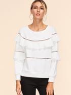Romwe White Eyelet Crochet Insert Ruffle Trim Sweatshirt