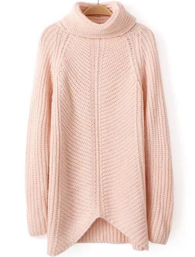 Romwe High Neck Loose Knit Pink Sweater