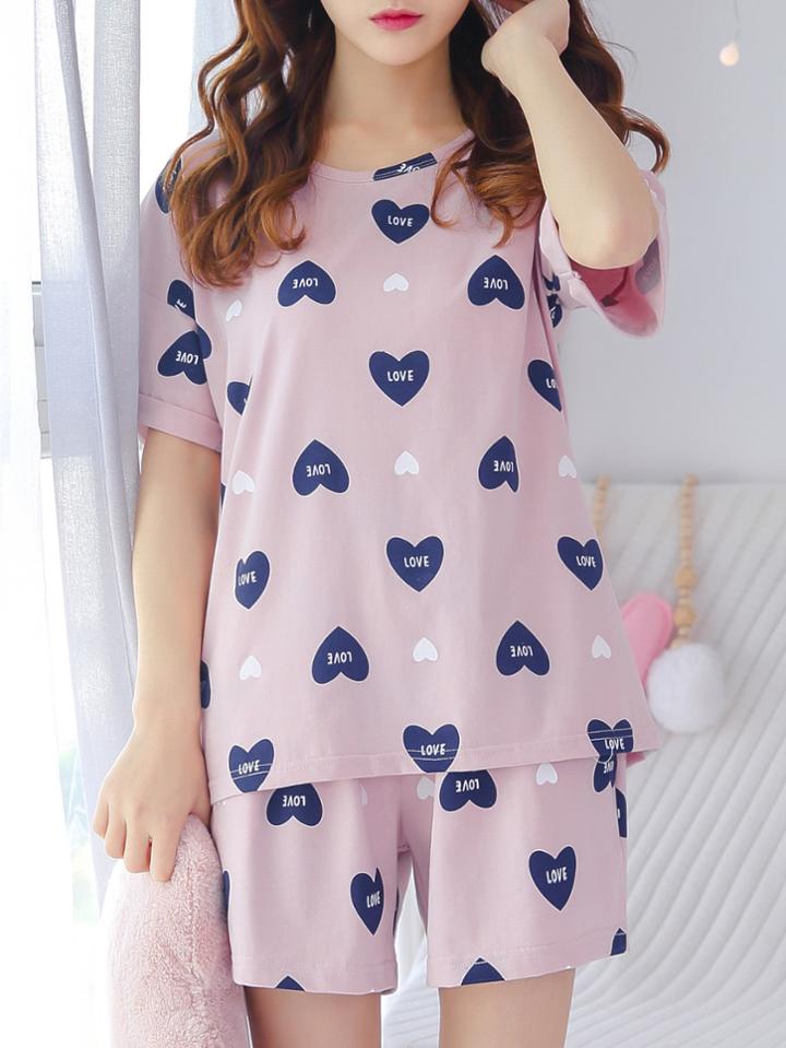 Romwe Heart Print Tee & Shorts Pj Set