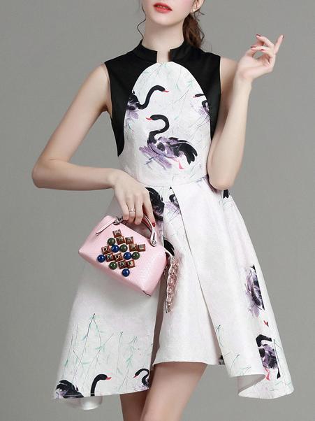 Romwe White Color Block Crane A-line Dress